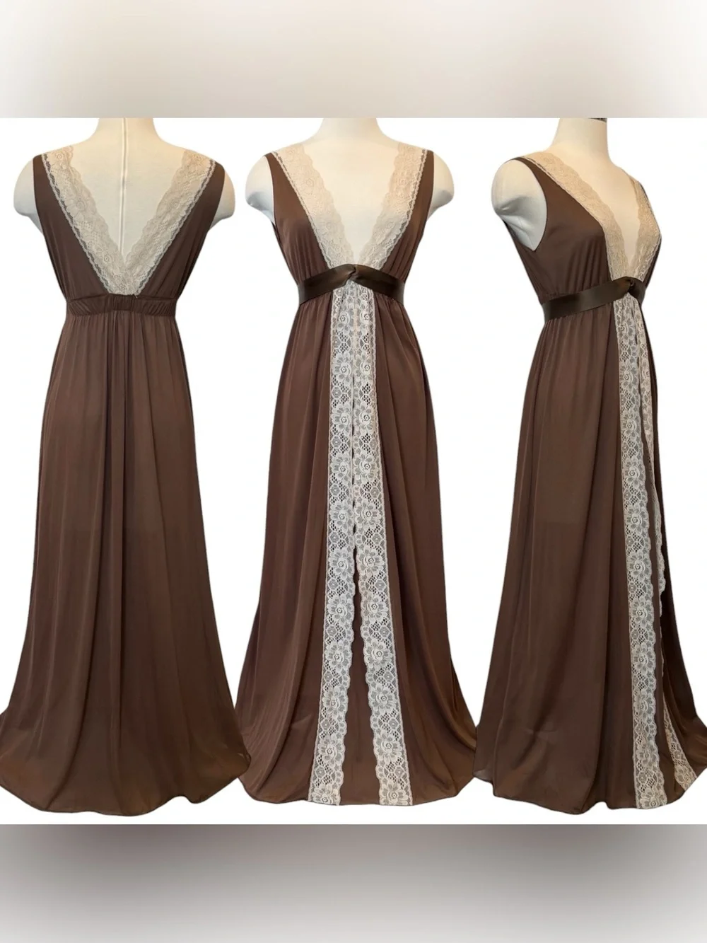 🌺SOLD🌺 Artemis Gossard Brown Silky Satin Lace 60s Empire Maxi Gown Robe 2pc Set - Picture 7 of 13